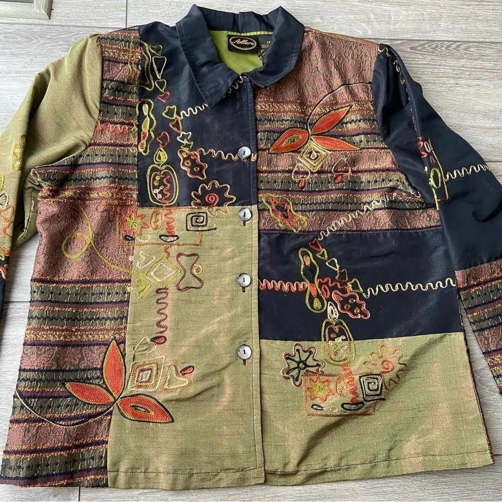 Allure Multicolor Patchwork Button-Front Jacket - Black, Olive, Rust - Picture 10 of 16
